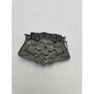 Vtg Lucky 13 Apparels Mens Belt Buckle Y2K 2003 Cross Piston Skull 4.5" by 3.